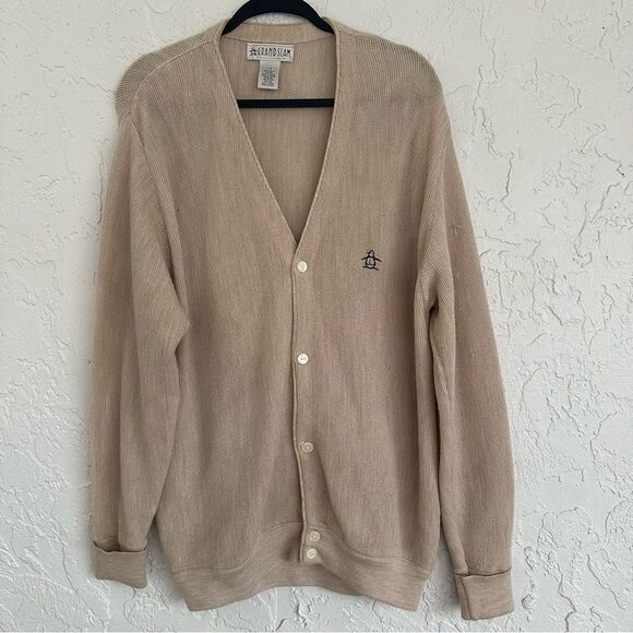 GRAND SLAM Vintage Grandpa Sweater Mens Size Large Cardigan Knit Beige Preppy - Picture 1 of 11